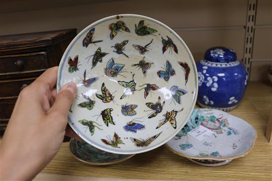 A Chinese straight butterfly bowl, a Straits footed bowl with rabbit, a prunus ginger jar and a Canton dish